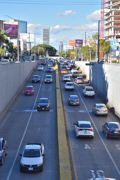 Guadalajara, Mexico - February 17 2024: Vertical view of traffic on Lopez Mateos Avenue in Guadalajara