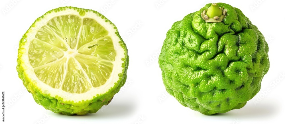 Poster fresh bergamot fruit on a white background with a cut green bergamot in half, featuring a clipping p
