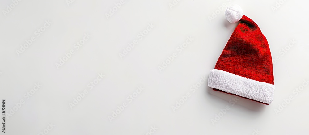 Aufkleber high angle shot of a red christmas hat on a white background featuring copy space on the left side o