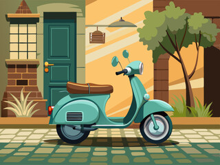 A stylish moped parked on a cobblestone street