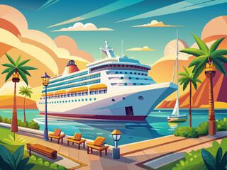 A luxurious cruise ship docked at a port