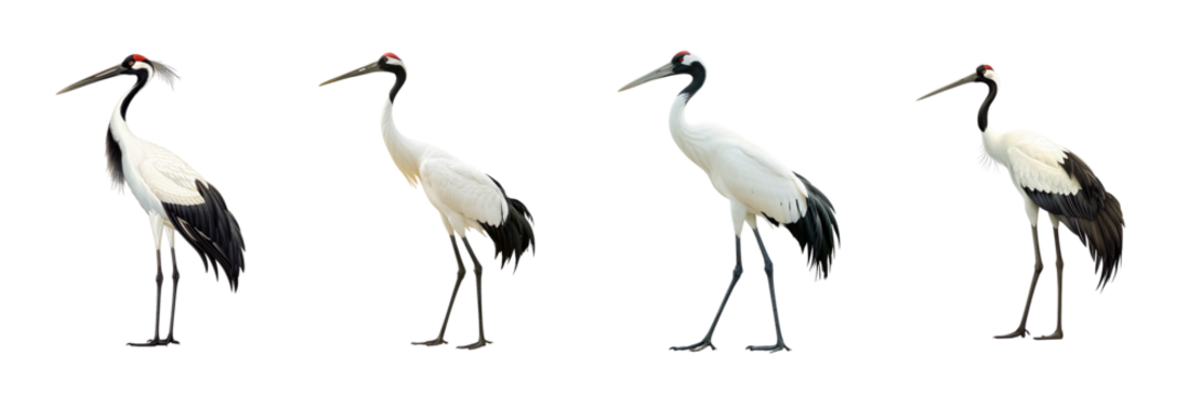 Four white cranes standing in different poses on transparent background, tall graceful bird beak