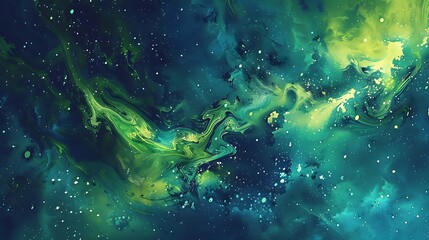 Fototapeta premium Bold green and blue splashes against a cosmic galaxy background.