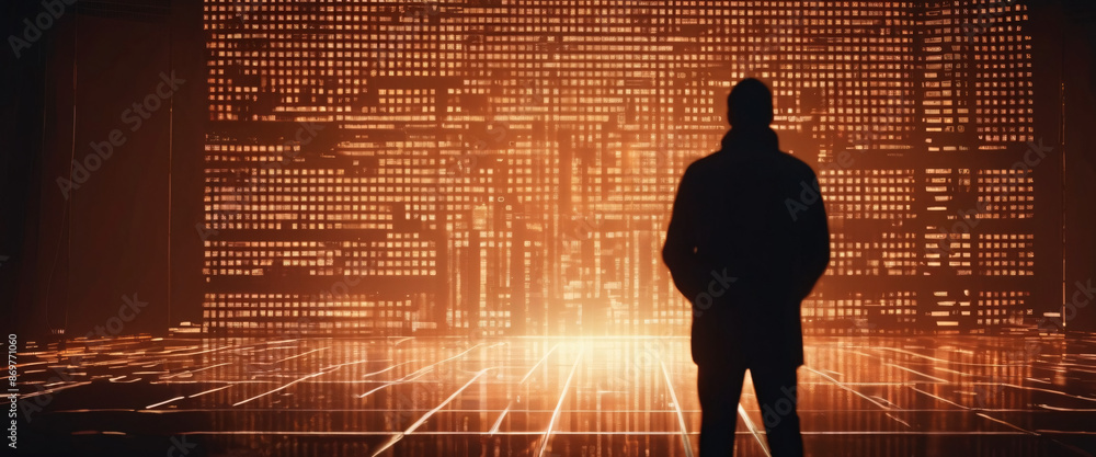 Poster a silhouette of a standing in front of a giant digital screen with a flow of data showing various cy