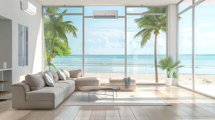 Airy Beach House Interior with Large Windows and Ocean View - Perfect Summer Retreat Design