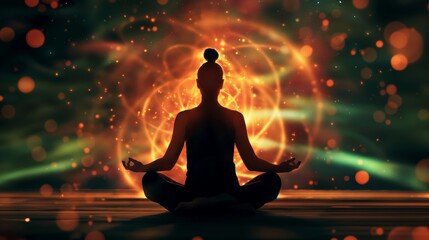 A person meditating in a serene environment with a radiant aura, capturing the essence of peace, balance, and inner energy.