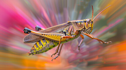 Fototapeta premium Grasshopper Colorful Mid-Jump with Dynamic and Vivid Background