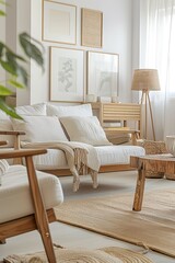 Bright Scandinavian interior apartment with oak frame gallery wall.