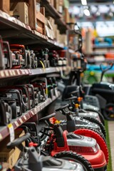 Fototapeta premium Lawn Mowers with Interchangeable Blades and Accessories in Home Improvement Store Display