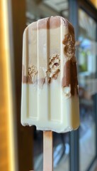Gourmet Popsicle with Layers of Mixed Flavors on Ice Background for Summer Treats and Advertising