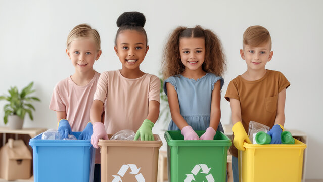 Group of children sorting Separate garbage and different types of recyclable materials into bins, recycle and cultivate awareness in separating waste and saving the world.
