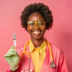 A African nurse wearing an apron and stethoscope and glasses. hold on injection. face reaction smiling on a solid background.