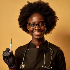 A African nurse wearing an apron and stethoscope and glasses. hold on injection. face reaction smiling on a solid background.