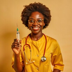A African nurse wearing an apron and stethoscope and glasses. hold on injection. face reaction smiling on a solid background.
