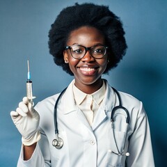A African nurse wearing an apron and stethoscope and glasses. hold on injection. face reaction smiling on a solid background.