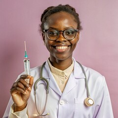 A African nurse wearing an apron and stethoscope and glasses. hold on injection. face reaction smiling on a solid background.