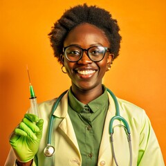 A African nurse wearing an apron and stethoscope and glasses. hold on injection. face reaction smiling on a solid background.