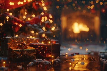 Obraz premium Christmas scene with tree gifts and fire.