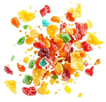 Exploding fruity pebbles cereal, individual separated and pieces floating in Isolated on Transparent background.