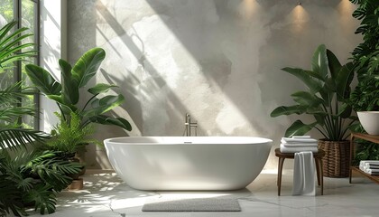 Modern, cozy, bright bathroom, white granite tiles , large window with a view of the plants, interior advertising