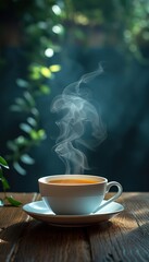 Vertical photo of a cup of hot coffee with special effects, advertising coffee and coffee shops