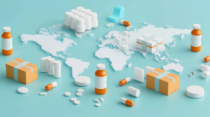 Global pharmaceutical supply chain infographic, medication distribution, international healthcare