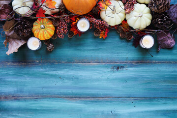 Thanksgiving decorated banner table shot from flat lay or top view position. Flatlay