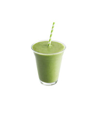 green smoothie glass with straw isolated on white background