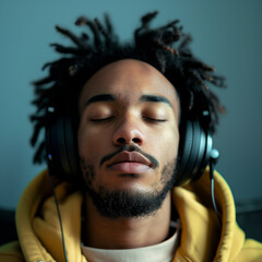 Afro-American man with closed eyes, yellow hoody and green headphones isolated on green background