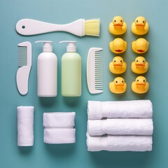 Baby cosmetic products, toys and accessories on wooden table indoors
