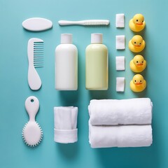 Baby cosmetic products, toys and accessories on wooden table indoors
