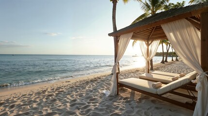 Beachfront view of a luxury tropical resort cabana on a serene sandy beach at sunset