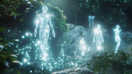  A cinematic shot of several glowing translucent ethereal human figures floating in the air, surrounded by nature and trees, in the style of unreal engine.