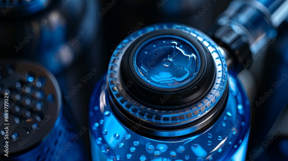 Poster a detailed view of the uv filter on a smart water bottle that uses advanced technology to purify the