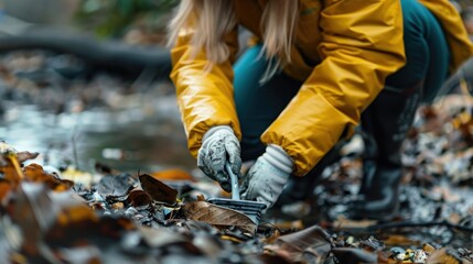 Volunteer using trash picker to pick up litter, close-up, detailed view.
