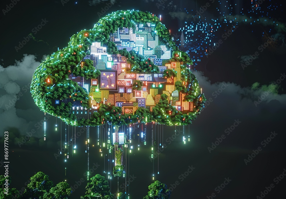 Poster futuristic cloud computing concept with neon diagrams - digital data storage