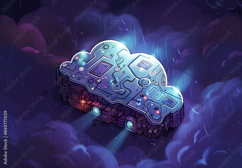 Poster futuristic cloud computing concept with neon diagrams - digital data storage