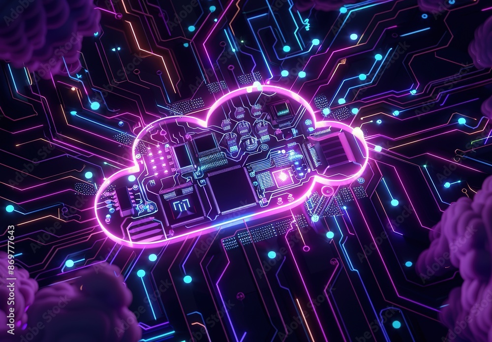 Aufkleber futuristic cloud computing concept with neon diagrams - digital data storage