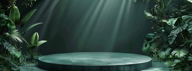 The lush green jungle setting with rocks and a circular platform is ideal for showcasing nature exhibitions. A serene environment for peaceful and meditative displays in a botanical background