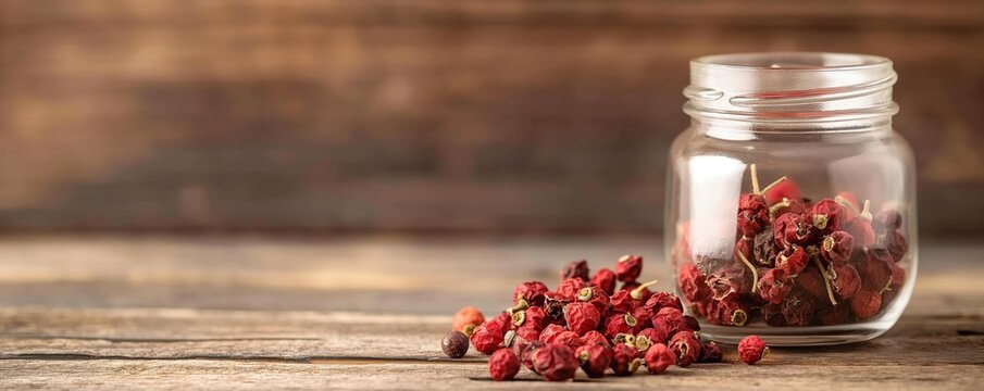 Dried schizandra berries in a glass jar, Chinese herb, used in herbal tonics