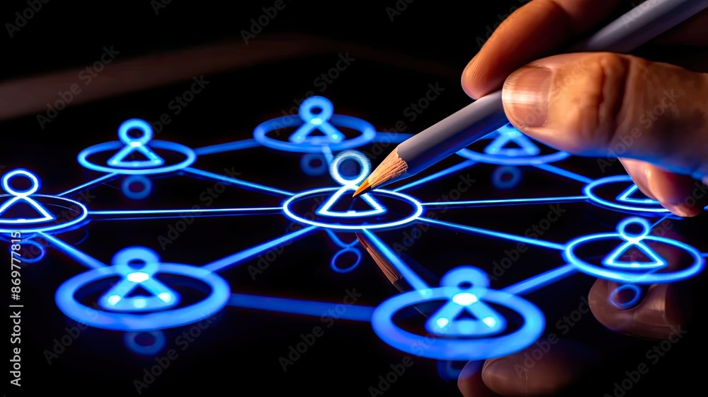 Poster connecting points on a digital network screen with a stylus in hand, representing communication and 