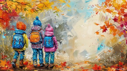 Fototapeta premium Colorful painting of three kids with backpacks walking through vibrant autumn leaves. Perfect for fall or children's themes.