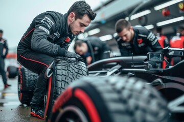 Formula 1 team handling tires during the race