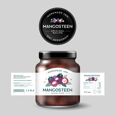 Mangosteen Exotic Fruit Jam. Sweet food. Design of label with flat illustration and texts. Mock up of Glass Jar with Label.