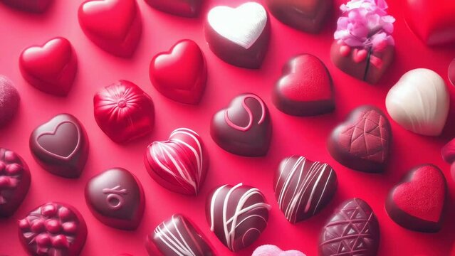 A variety of heart-shaped chocolates in different designs, displayed on a pink background. These colorful chocolates in shades of red, pink, and white create a festive and romantic mood.