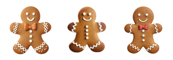 Three gingerbread man cookies, PNG, isolated on transparent background
