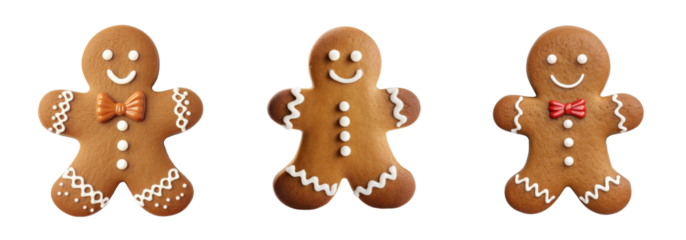 Three gingerbread man cookies, PNG, isolated on transparent background
