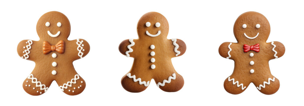 Three gingerbread man cookies, PNG, isolated on transparent background