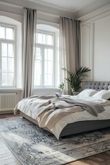 Bright bedroom with grey upholstered bed and large windows