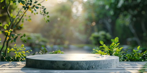 Minimalist concrete podium with soft ambient light, against a blurred serene garden background, suitable for zen-inspired decor or wellness products
